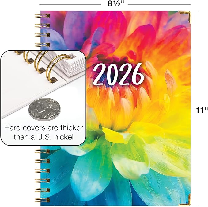 HARDCOVER 2026 Planner, 8.5"x11": 14 Months (November 2025 - December 2026), Daily Weekly Monthly Planner, Yearly Agenda, Bookmark, Pocket Folder and Sticky Note Set (Rainbow Petals)