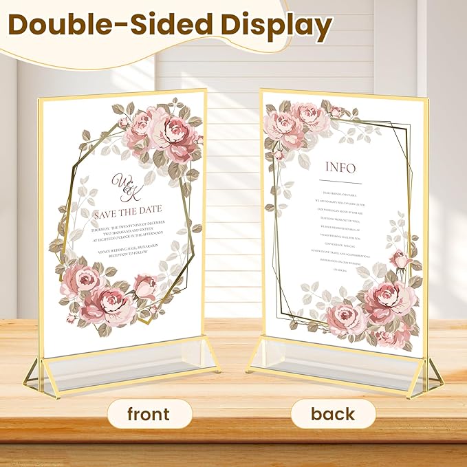 5X7 Acrylic Sign Holder Double-Sided Gold Frames Flyer Display Stand for Menu Wedding Table Number with Clear Sticky Dots - 6 Pack