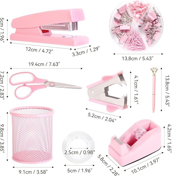 Pink Desk Accessories, Pink Office Supplies Set with Stapler, Tape Dispenser, Staple Remover, Pen Holder, Scissor, Binder/Paper Clips, Ballpoint Pen, Clear Tape and 1000pcs Staples