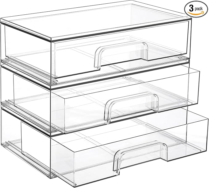 Vtopmart 12.1''W Clear Stackable Storage Drawers,3 Pack Acrylic Plastic Organizers Bins for Makeup Palettes, Cosmetics, and Beauty Supplies,Ideal for Vanity, Bathroom,Cabinet,Desk Organization