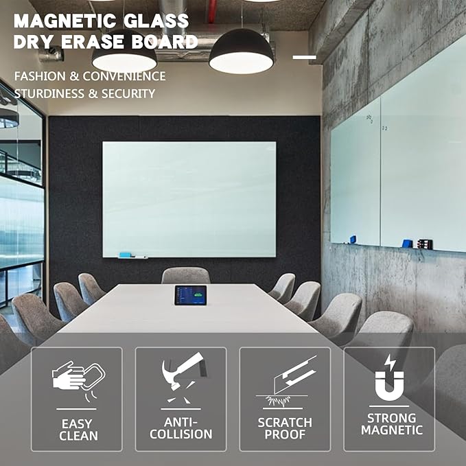 Glass Magnetic Dry-Erase Board - 48 x 36 Inches Hanging Glass Whiteboard for Wall, Large Frameless Magnetic White Board for Office, Home & School