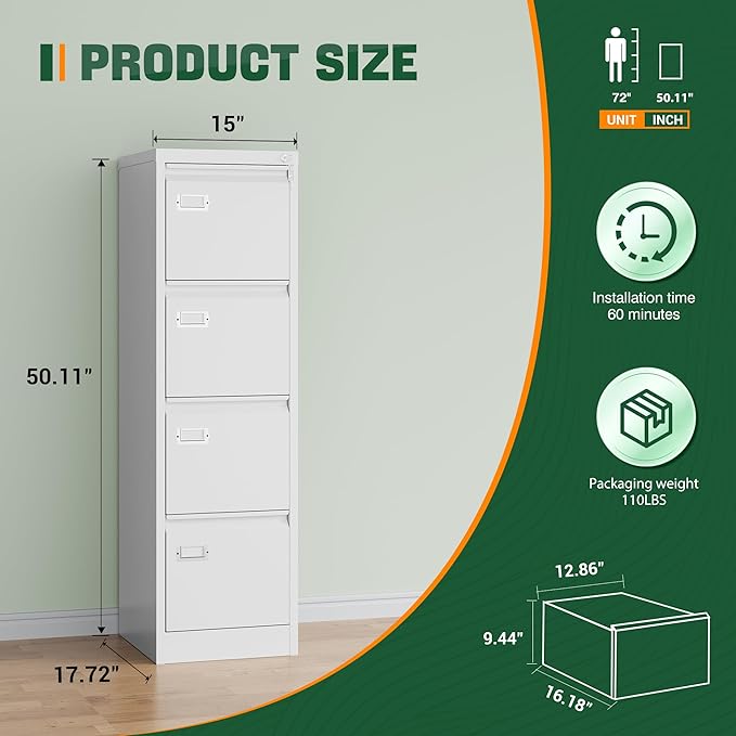 Letaya 4 Drawer File Cabinet with Lock,Metal Office Filing Cabinets for Home Office- Storage A4/F4/Letter/Legal -Assembly Required (White)