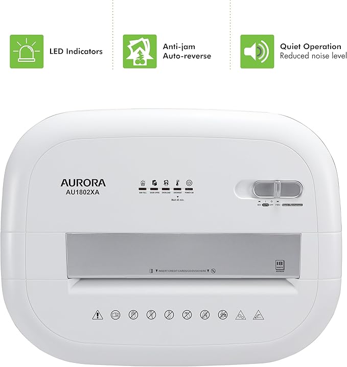 Aurora AU1802XA Anti-Jam 18-Sheet Crosscut Paper and CD/Credit Card Shredder/ 6-Gallon Pullout Basket / 60 Minutes Run Time