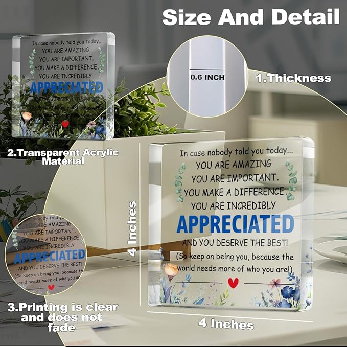 Appreciation Gifts for Women Men Friends, Motivational Reminder Quotes Desk Acrylic Sign, Boho Floral Desk Decorative Signs for Table Top Cubicle Room Shelf