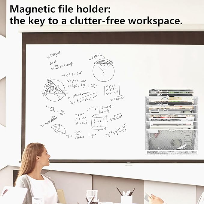 6 Tier Magnetic File Holder, Large Capacity Mesh Hanging Wall Organizer Vertical Magnetic Hanging File Organizer, Magnetic File Folder Holder for File Cabinets, Office, Whiteboard (White)
