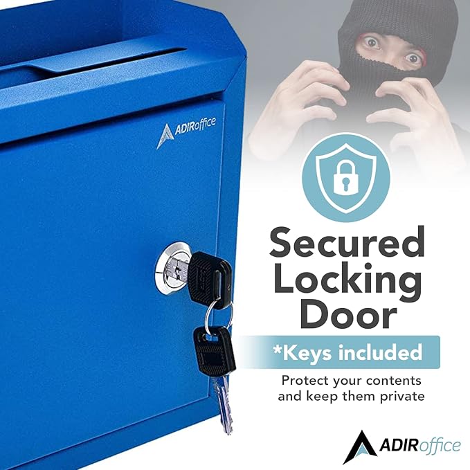 Adir Corp Suggestion Box with Slot and Lock - Drop Box with Lock, Cash Dropbox - 9.8x7.5x3.4 Inches Wall Mount Donation Box - Metal Deposit Box (Blue)