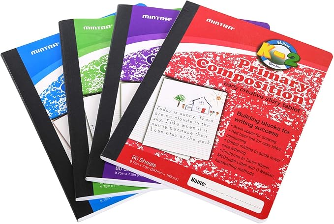 Mintra Primary Composition Notebook, 24 units 6-4 Pack, Assorted Colors, 80 Sheets, 7.5in x 9.75in, 1/2 Sheet, Ruled with Drawing Area, Flexible Hardcover Journal, Grades K-2, School & Home Use