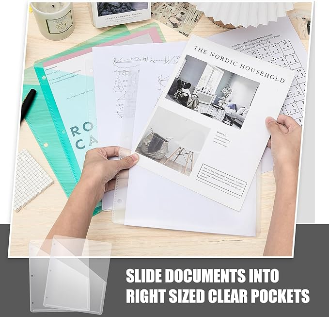 Seajan 24 Pcs Pocket Folders for 3 Ring Binder Clear Plastic Folders Sleeves with 2 Pockets 3 Hole Punch Binder Dividers Poly Slash File Jackets for Office School Document Organizer (White)