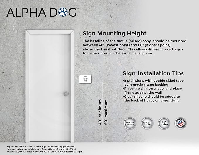 ALPHA DOG ADA SIGNS Custom ADA Compliant Braille Sign, 6"x9" Room Identification Plaque, Tactile Text, Raised Letters, Personalized 4-Line, Indoor/Outdoor, USA-Made (White)