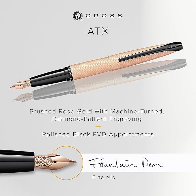 Cross ATX Refillable Fountain Presented in a Luxury Gift Box - Medium Point, Black Ink, Sandblasted Rose Gold
