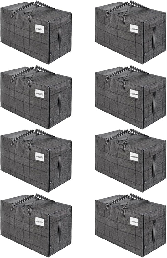 VENO 8 Pack Moving and Storage Bags, Heavy Duty, Alternative to Moving Boxes, Large Packing Totes Supplies for College Dorm Room with Zipper for Clothes, Wide Open Design (Windowpane, 8 Pack)