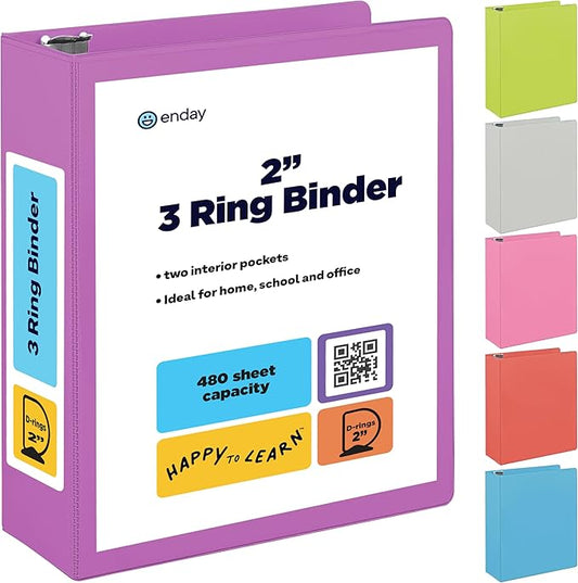 2 Inch 3 Ring Binder 2” Purple, Slant D-Ring 2 in Binder Clear View Cover with 2 Inside Pockets, Heavy Duty Colored School Supplies Office and Home Binders – by Enday