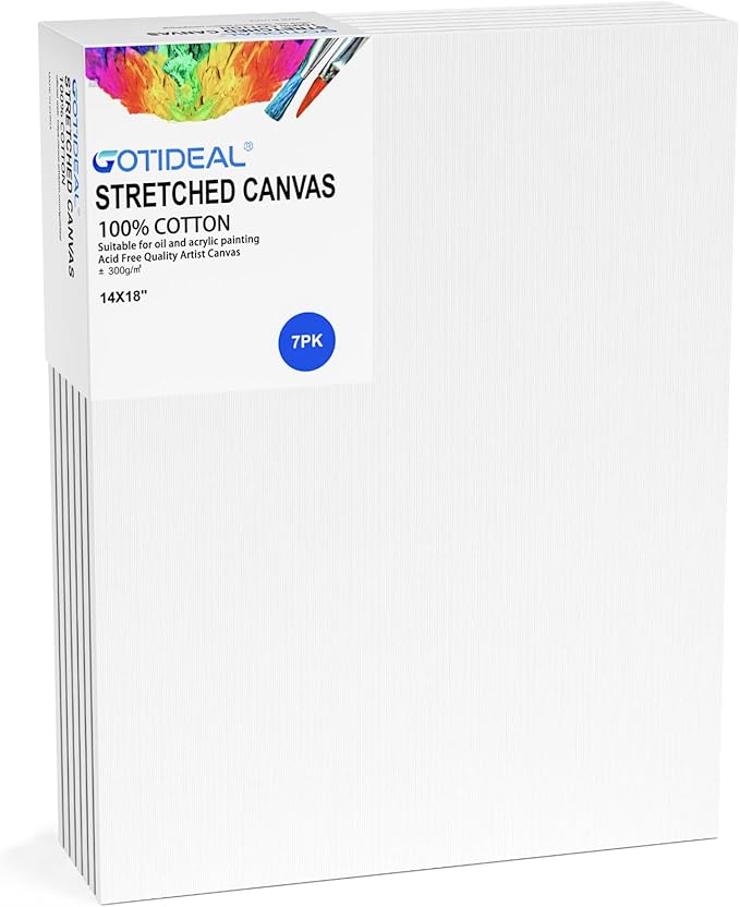 GOTIDEAL Stretched Canvases for Painting, 14x18 Inch Set of 7, Primed White - 100% Cotton Blank Art Canvas Boards for Painting for Acrylic Pouring, Oil Paint Dry & Wet Art Media