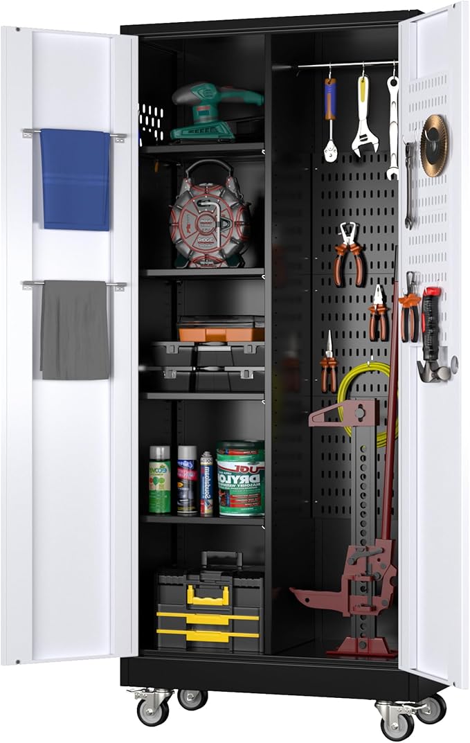 Garage Storage Cabinet with Wheels, Metal Tool Cabinet with Pegboards and 4 Adjustable Shelves, Garage Storage System with Lockable Door for Shools, Offices, Gyms and Pantries, Black and White