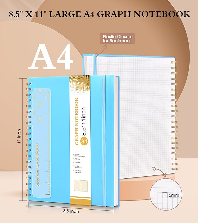 Graph Paper Notebook, Spiral Notebook Journal 8.5” x 11”, A4 Large Grid Notebooks for Women Men, 100 GSM Graph Paper, Plastic Hardcover Spiral Graphing Journals for Work School Engineerin, Blue