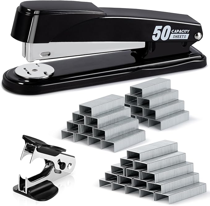 Deli Stapler Heavy Duty, Full Strip Staplers for Desk with 2000 Staples and Staple Remover, 50 Sheet Capacity, No Jam, Non-Slip Office Stapler with Staples for Office, Classroom, Black