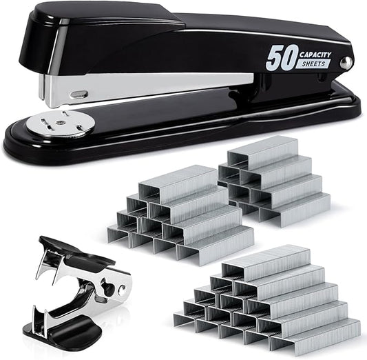 Deli Stapler Heavy Duty, Full Strip Staplers for Desk with 2000 Staples and Staple Remover, 50 Sheet Capacity, No Jam, Non-Slip Office Stapler with Staples for Office, Classroom, Black