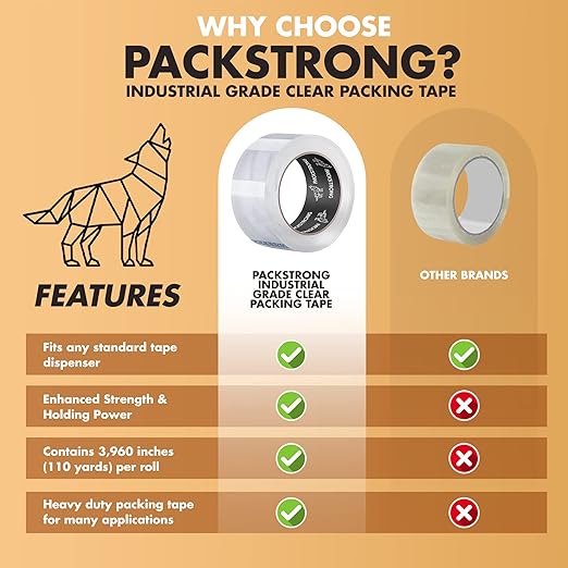 Packstrong Industrial Grade Clear Packing Tape 6 Rolls - 110 Yards per Roll - 3" Wide x 2.5 mil Thick, Acrylic Adhesive Heavy Duty Tape for Box Office Moving Packaging Shipping