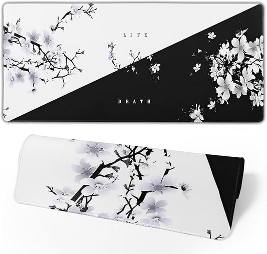 Japanese Life Death Keyboard Mat, Black White Japanese Anime Gaming Mouse Pad for Desk with Anti-Slip Rubber Base and Stitched Edges, Japanese Sakura Pagoda Sun Mouse Pad