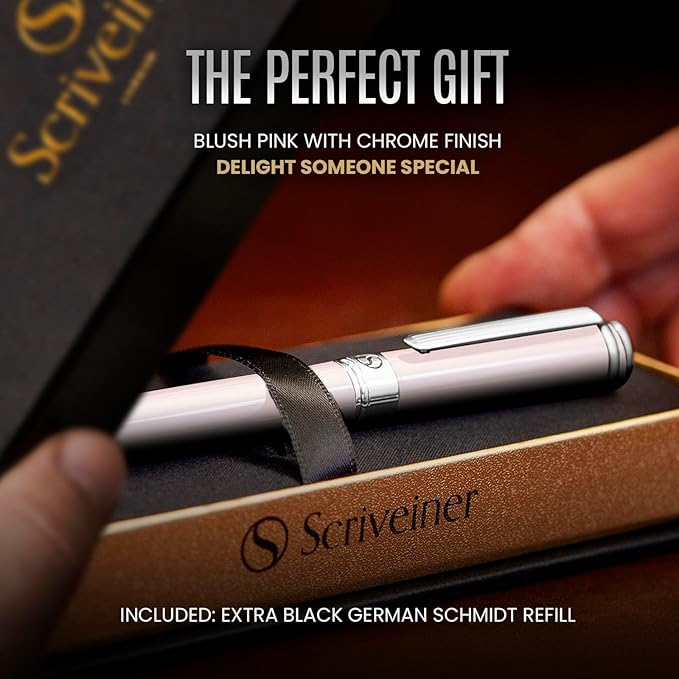 Scriveiner Blush Pink Rollerball Pen - Stunning Luxury Pen With Chrome Finish, Schmidt Ink Refill, Best Roller Ball Gift Set for Men & Women, Professional, Executive Office, Nice Pens