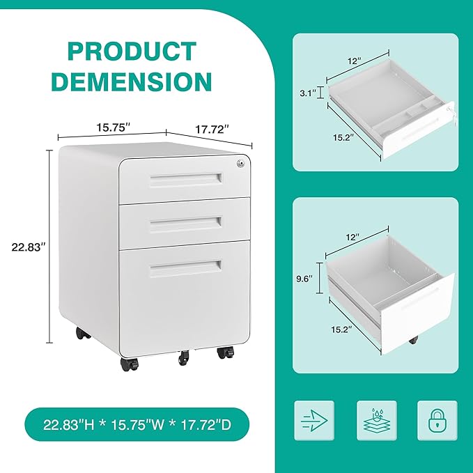 3 Drawer File Cabinet with Lock,Under Desk File Cabinet,White Rolling File Cabinets,Three Drawer Filing Cabinets for Home Office with Wheels,Fit A4/Letter/Legal File,Fully Assembled Except Casters