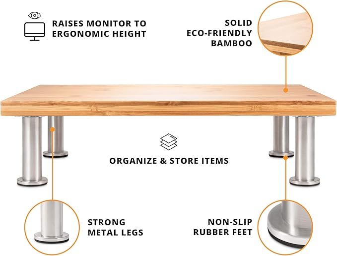 The Original Bamboo Monitor Stand (As Seen On PBS) - Monitor Riser for Computer Screen or Laptop - Desk Shelf Adds Storage Space & Improves Ergonomics - Natural