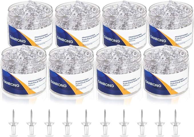 1600 PCS Clear Push Pins, Standard Thumb Tacks for Bulletin Board, Steel Point and Clear Plastic Head, Pin Tacks for Wall Cork Board Maps Photos Calendar Hangings, Office School Supplies