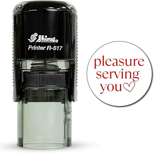 Shiny Pleasure Serving You Stamp, Round Self Inking Stamp for Office and Retail, Red Ink