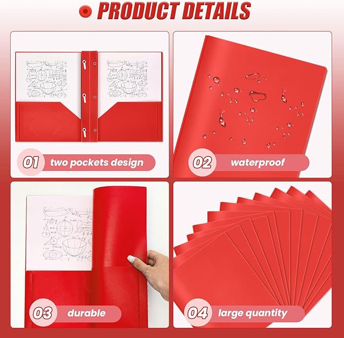 Yeaqee 30 Pcs Plastic Folders with Pockets and Prong Plastic Folders with 2 Pockets Pocket for Office, School for Students, Teachers, Office Workers (Red)