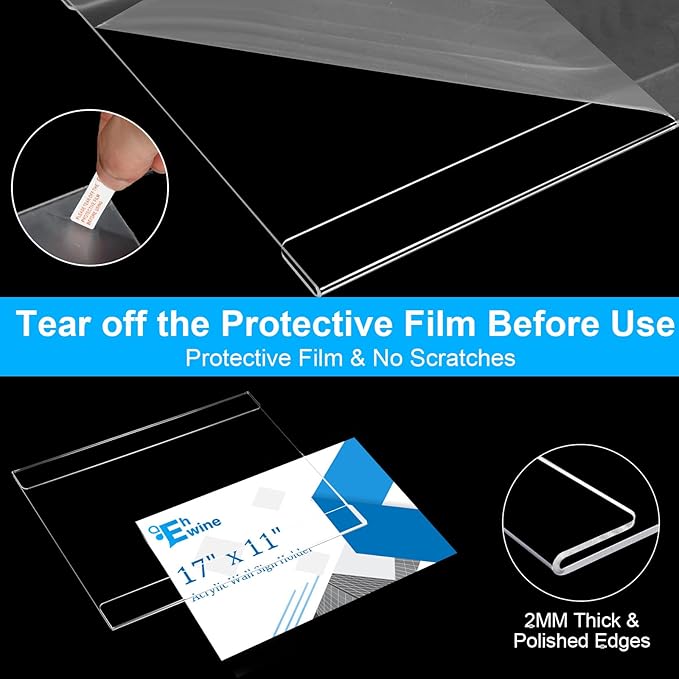 EHWINE 8 Pack 11x17 Wall Mount Acrylic Sign Holder,Horizontal Wall Signs Photo Menu Flyer Display Holders, Plastic Clear Acrylic Frames for Office Home Hotel Business Store (with Adhesive Tape)