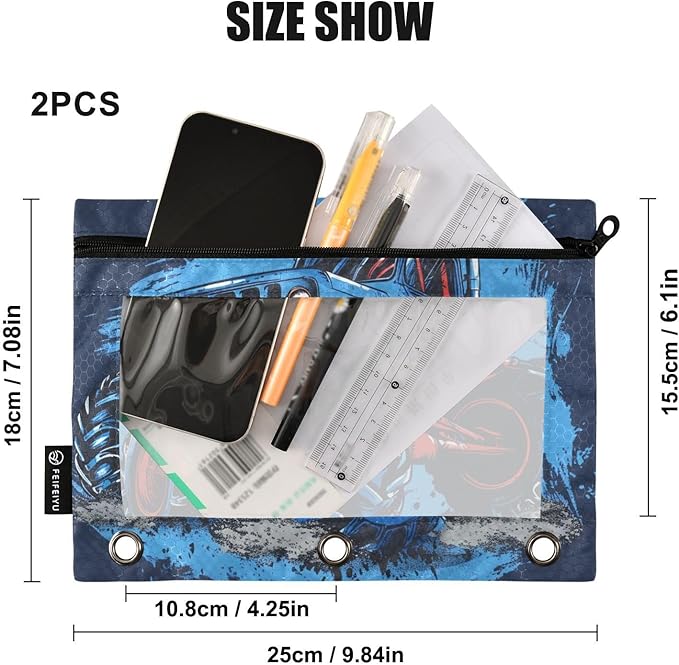 Monster Truck Blue Pencil Pouch for 3 Ring Binder, 2 Pack Waterproof Pencil Bags Clear Window Zipper School Office Supplies