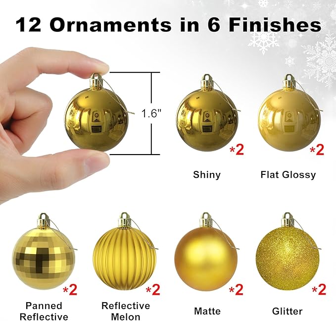 Gold 1.6" Small Christmas Balls Christmas Tree Decoration Ornaments Shatterproof Hanging Balls for Birthday Halloween Holiday Wedding Decorations Set of 12pcs