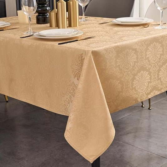 Romanvicky Christmas Jacquard Tablecloth Gold Flower Pattern Rectangle Table Cloth Spill Proof Wrinkle Resistant Polyester Table Cover for Party, Dining, Thanksgiving Decoration, 52 x 70 Inch