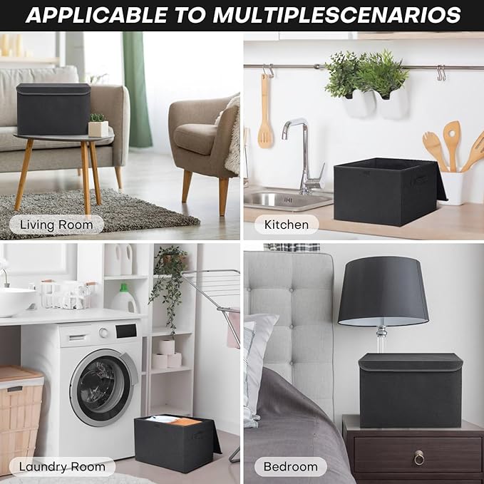 Large 22 Quart Linen Fabric Foldable Storage Bin Cube Organizer Basket with Flip-Top Lid & Handles, Clothes Blanket Box for Home, Office, Closet, Black, 4 Pack 14.6 x 9.5 x 9.5”