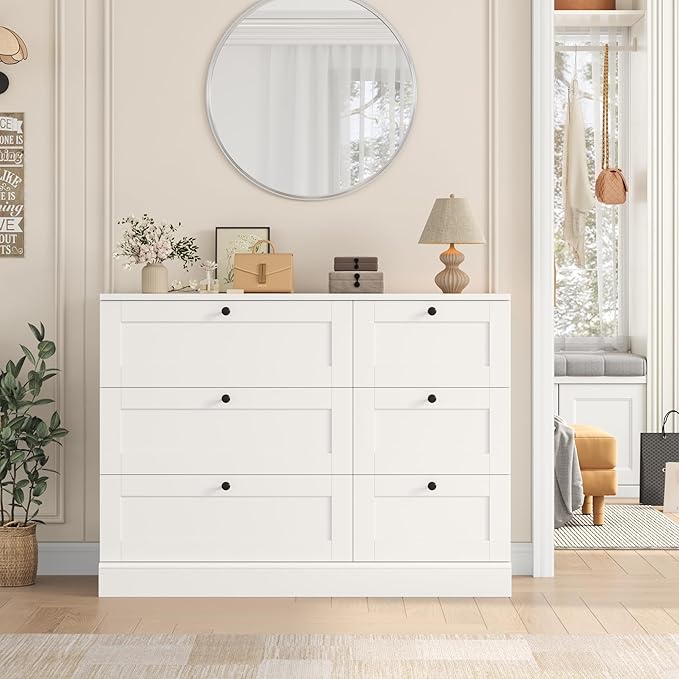 HOSTACK 6 Drawer Dresser, White Dresser for Bedroom, Wood Wide Chest of Drawers, Modern Drawer Chest for Living Room, Entryway, Hallway, White