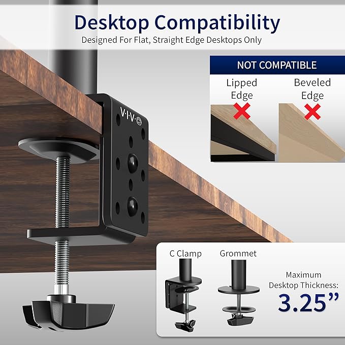 VIVO Dual Monitor Desk Mount, Holds 2 Computer Screens up to 30 inches and 22lbs Each, Heavy Duty Fully Adjustable Steel Stand with C-Clamp and Grommet, Black, STAND-V002