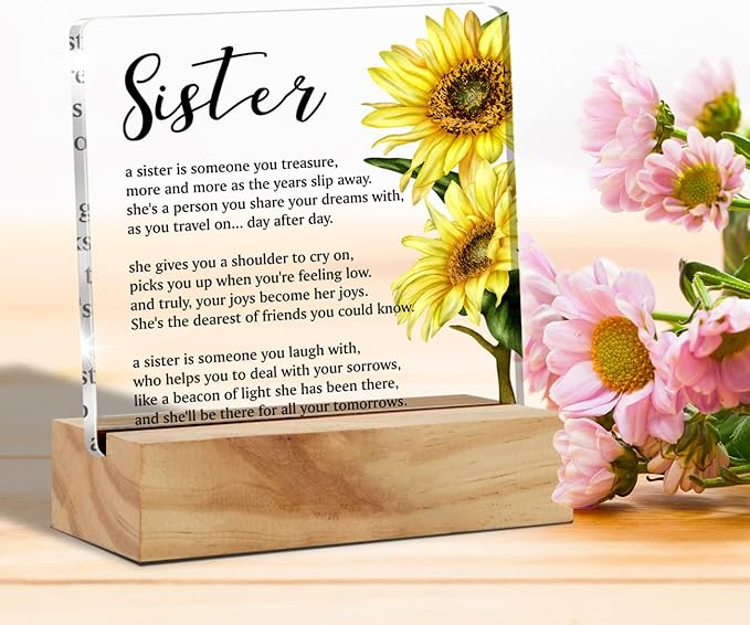 Bifez Sister Acrylic Sign, Flower Style Square Desk Decor with Wood Stand 4x4 inches Home Office Decor Gift