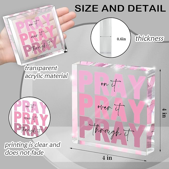 Pink Inspirational Decor Pray Over It Bible Verse Wall Art Christian Gifts for Women, 4x 4 Inches Office Desk Accessories Decor Sign, Pink Dorm Room Decoration for Women - Pray on it Pray through it
