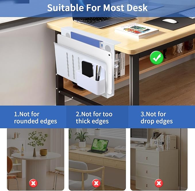 LUKETURE Desk Side Storage, Steel Side Desk Organizer, No Drill Laptop Holder, Clamp on Laptop Mount with Pen Holder, Table Hanging Storage for Home Office, Fits Flat Edge Tables 0.3" to 2.8"