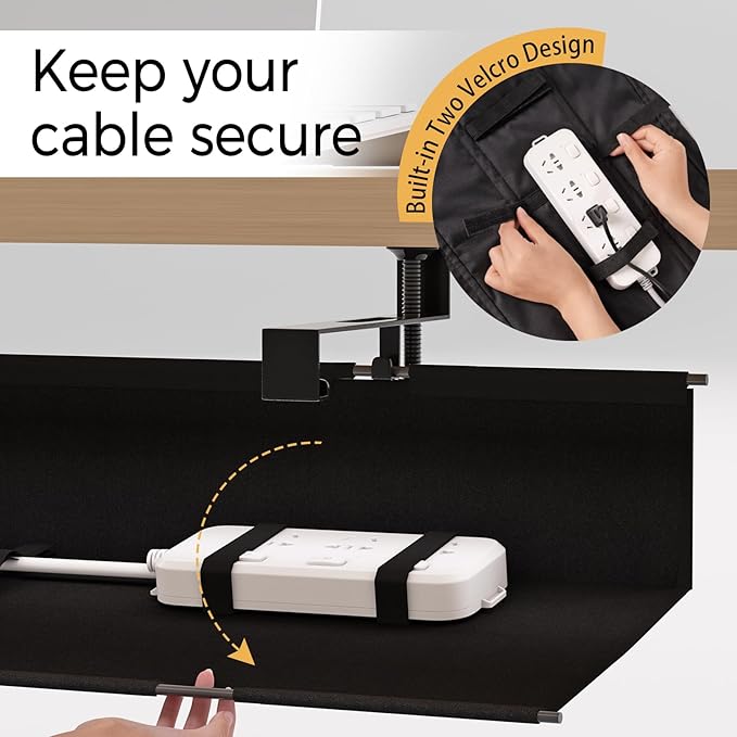 Under Desk Cable Management Tray 15.7" - No Drill Computer Wire Organizer Cable Tray, Cord Hider Clamp Mount with 16X Cable Ties PC Cables Management Cord Holder for Office/Home (Upgrade Fabric,Black)