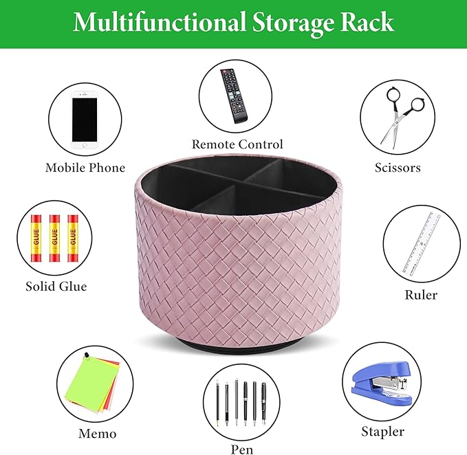 Hennaja Round Leather Art Supply Organizer,Remote Control Holder,360 Degree Spinning,Multi-Functional Pencil Holder,4 Compartments Desktop Stationary Organizer(1-Weave Purple)