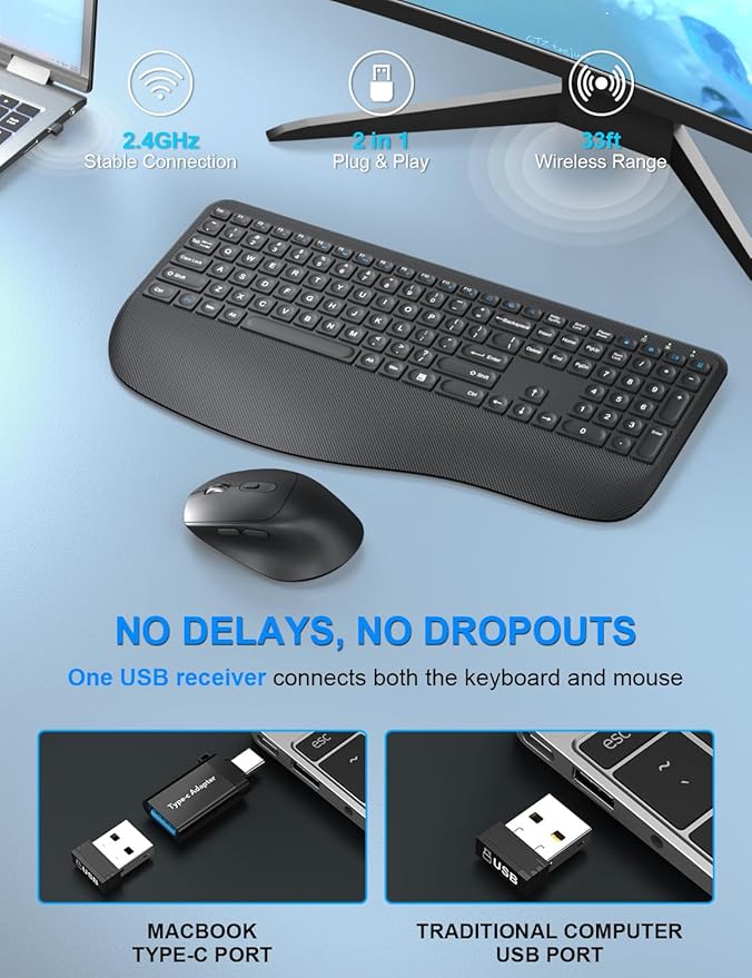 Wireless Keyboard and Mouse Combo, Full-Sized 2.4GHz Comfortable Palm Rest and Optical Wireless Mouse for Windows, Mac OS PC/Desktops/Computer/Laptops(Carbon Black)