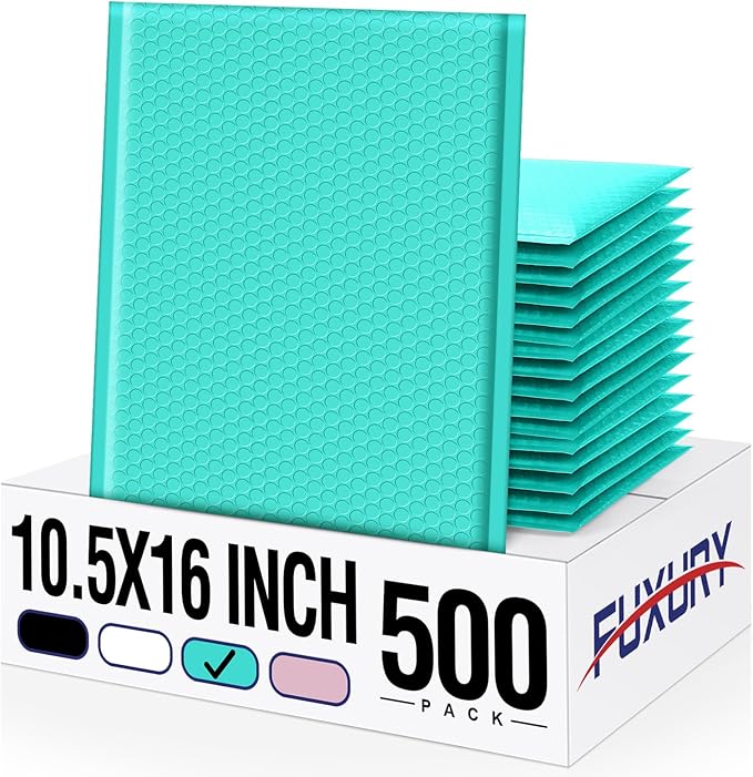 Fuxury 500 Pack Teal Bubble Mailers 10.5x16 Inch,Self Seal Padded Envelopes Waterproof Mailing Envelopes Cushioning Padded Mailers for Packaging, Small Business Large #5