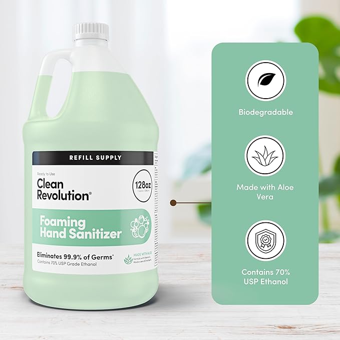 Clean Revolution Foaming Hand Sanitizer, 128 Fl. Oz Refill Supply Container | Eliminates 99.9% of Germs |Gentle & Aloe Enriched | 70% USP Medical Grade Ethanol, Medical Facility Compliant