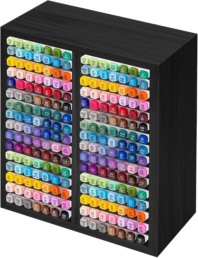 PROLEE Marker Storage Organizer for 224 Markers,Wooden Alcohol Marker Holder with 32 Slots,Markers Pens Pencils Art Supply Storage Rack for Desk Home Classroom Office Decor (Black, 15“x11”x5.2 “)