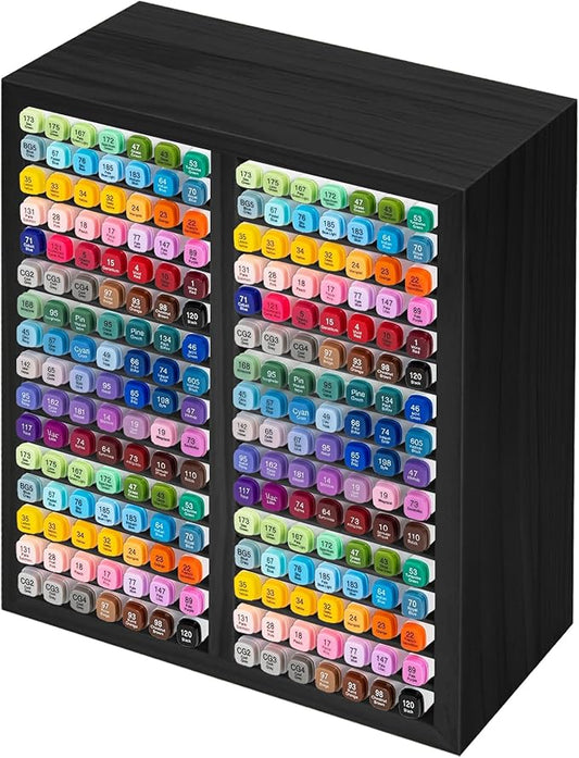 PROLEE Marker Storage Organizer for 224 Markers,Wooden Alcohol Marker Holder with 32 Slots,Markers Pens Pencils Art Supply Storage Rack for Desk Home Classroom Office Decor (Black, 15“x11”x5.2 “)