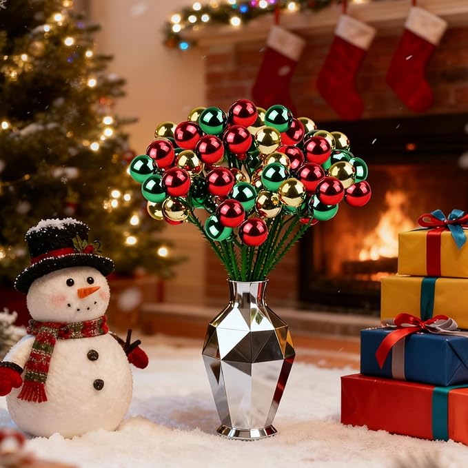 YIYA 18 PCS Christmas Tree Picks Ornaments 3 Color Red Green Gold Xmas Decor on Wired Stems Shatterproof Xmas Ball Picks Branches for Tree Vase Wreath Garland Indoor Outdoor Garden Holiday Party Decor