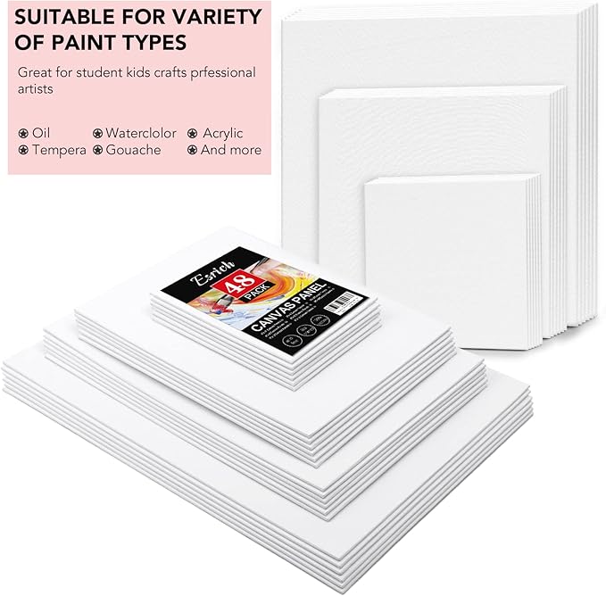 ESRICH 48 Pack Canvas Boards for Painting, 6Pcs of 4x4, 4x6, 5x6, 6x6, 8x10, 10x10, 9x12, 11x14 Canvas for Painting, Cotton Primed Blank Painting Canvas Panels for Oil, Acrylic, Watercolor