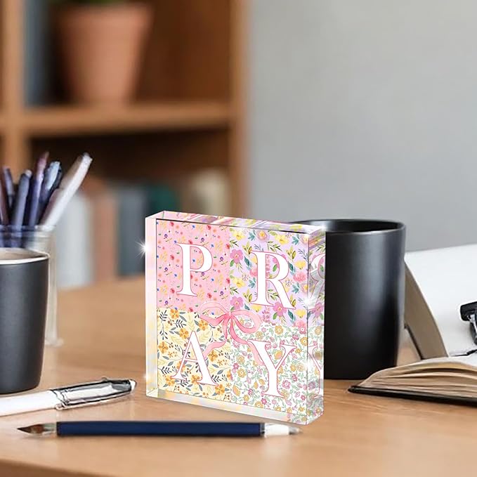 Appreciation Gifts, Pink Bow Christian Gifts for Women, Pink Office Home Decor for Women, Flowers Desk Decorations for Office- Pray- Christian Desk Plaque- Pray-Bible Verse Decoration