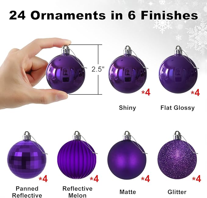 GameXcel 24Pcs Christmas Balls Ornaments for Xmas Tree - Shatterproof Christmas Tree Decorations Medium Hanging Ball Purple 2.5in x 24 Pack
